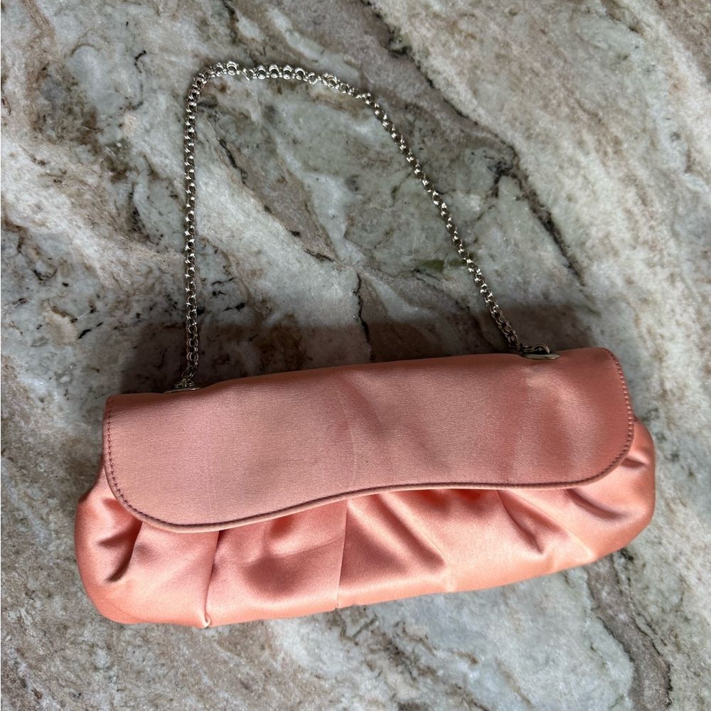 Talbots pink coral Satin Pleated Clutch Chain Strap Evening Bag Ruched Clutch